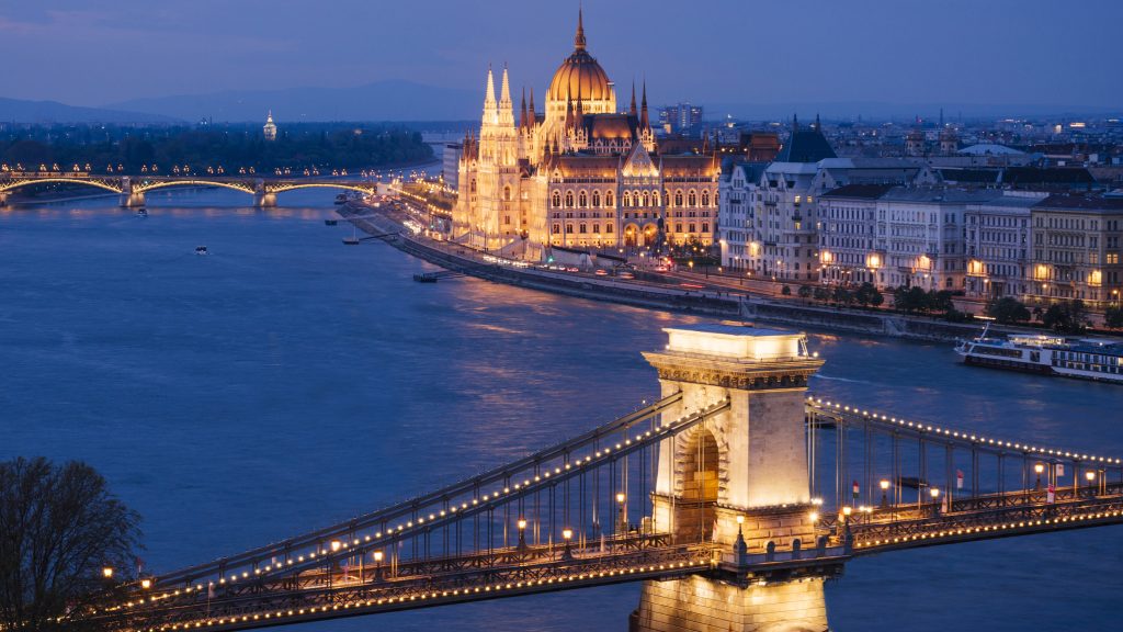 River Danube, Chain Bridge and Parliament Building at night, Budapest, Hungary