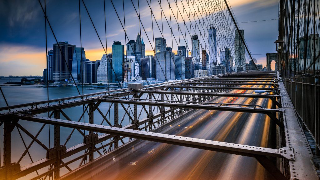 Lower deck of Brooklyn Bridge and Lower Manhattan skyline, New York City, USA