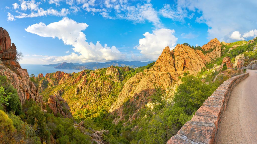 Landscape with mountain road through the Calanches de Piana in Corsica, France