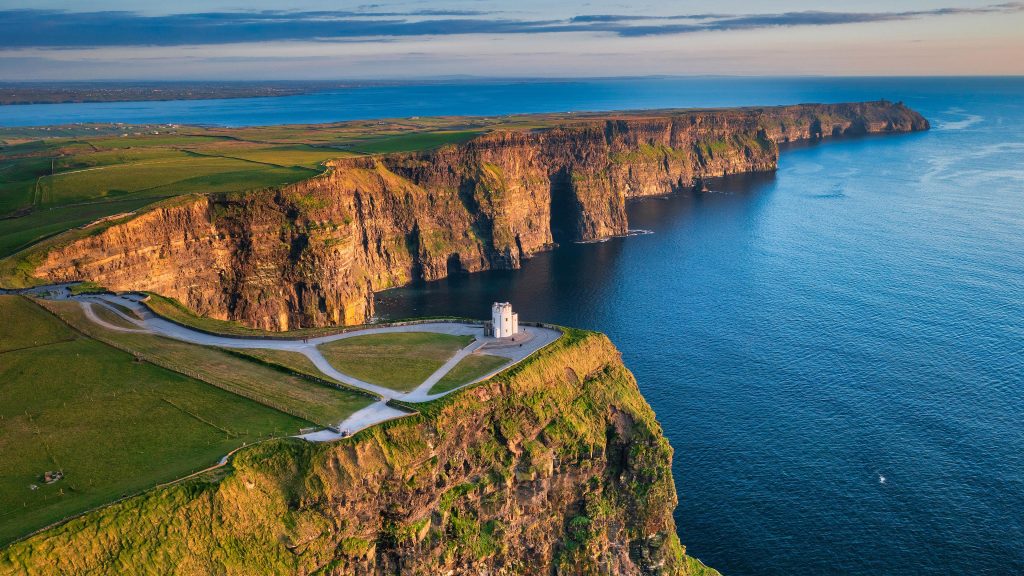 Aerial landscape with the Cliffs of Moher in County Clare at sunset, Ireland