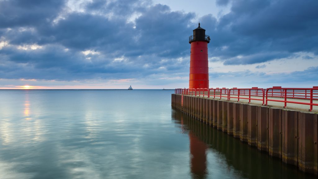 Milwaukee Pierhead Lighthouse at sunrise, Lake Michigan, Wisconsin, USA
