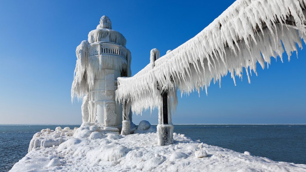 St Joseph North Pier Outer Lighthouse on Lake Michigan in winter, Michigan, USA