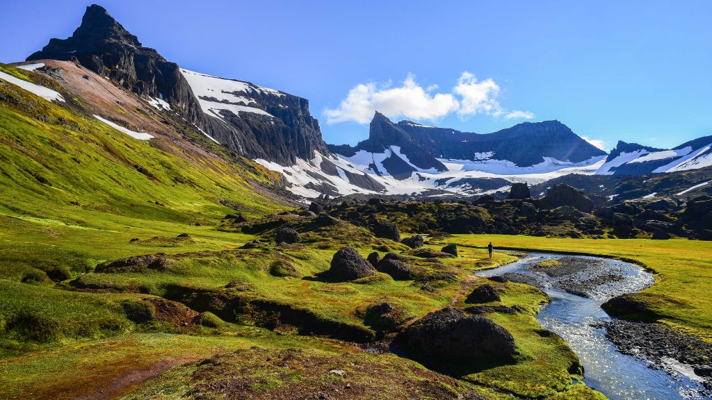 Boulders, peaks and rivers of the Stórurð valley in summer, East Fjords, Iceland