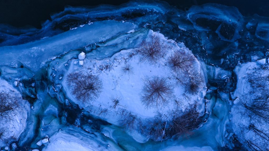 Aerial view of smal islands covered by snow and ice, Drammen, Buskerud, Norway