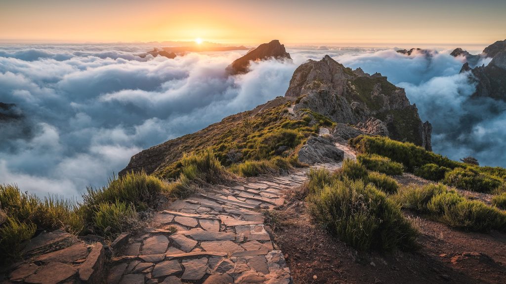 Paved footpath at Pico do Arieiro during sunset, Madeira Island, Portugal