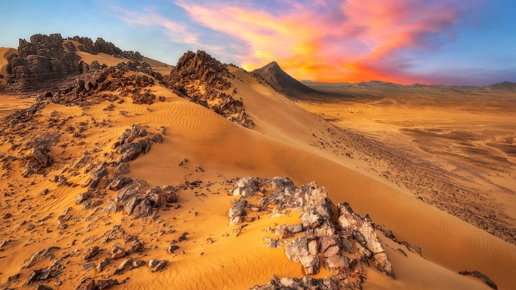 Scenic view of desert against sky during sunset, Tin Akachaker, Algeria