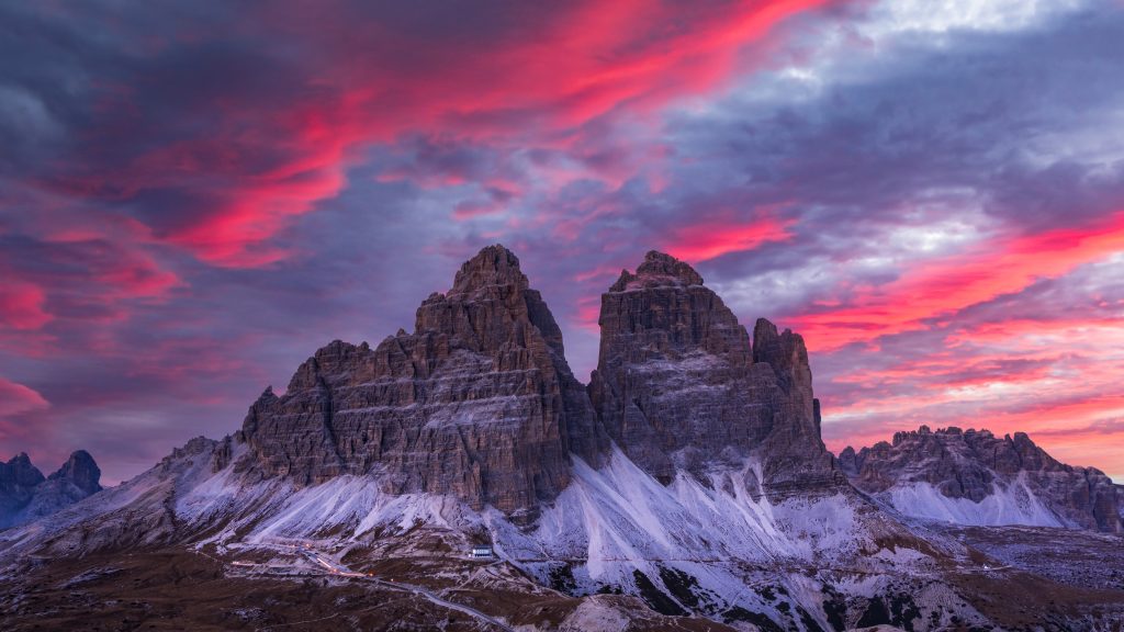 Purple sunset at Tre Cime di Lavaredo National Park, Dolomite Alps, Italy
