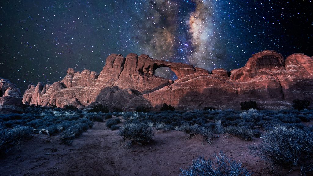 Milky Way over the Skyline Arch in Arches National Park, Moab, Utah, USA