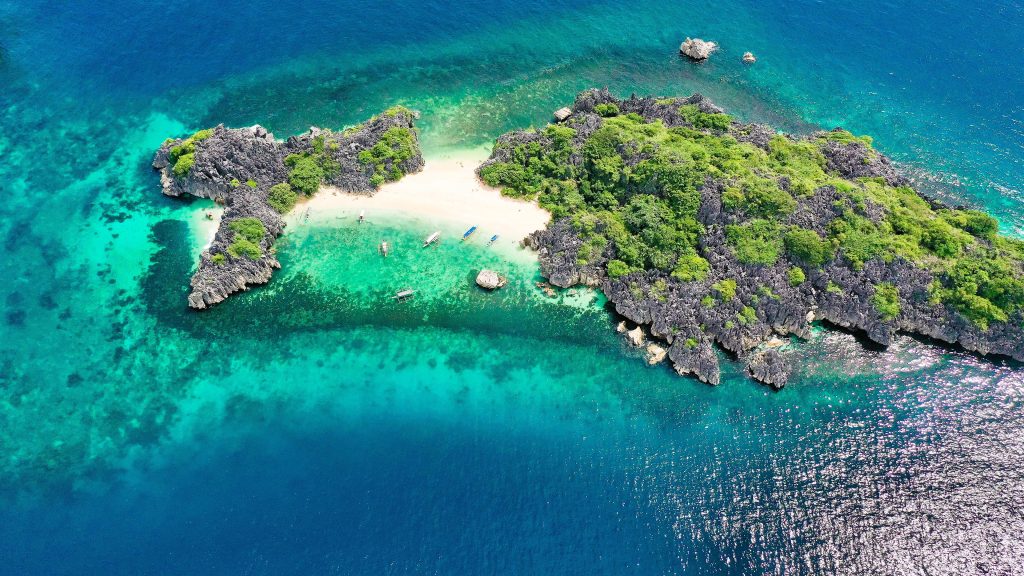 Aerial view of island with white sandy beach, Lahos Island, Caramoan Islands, Philippines