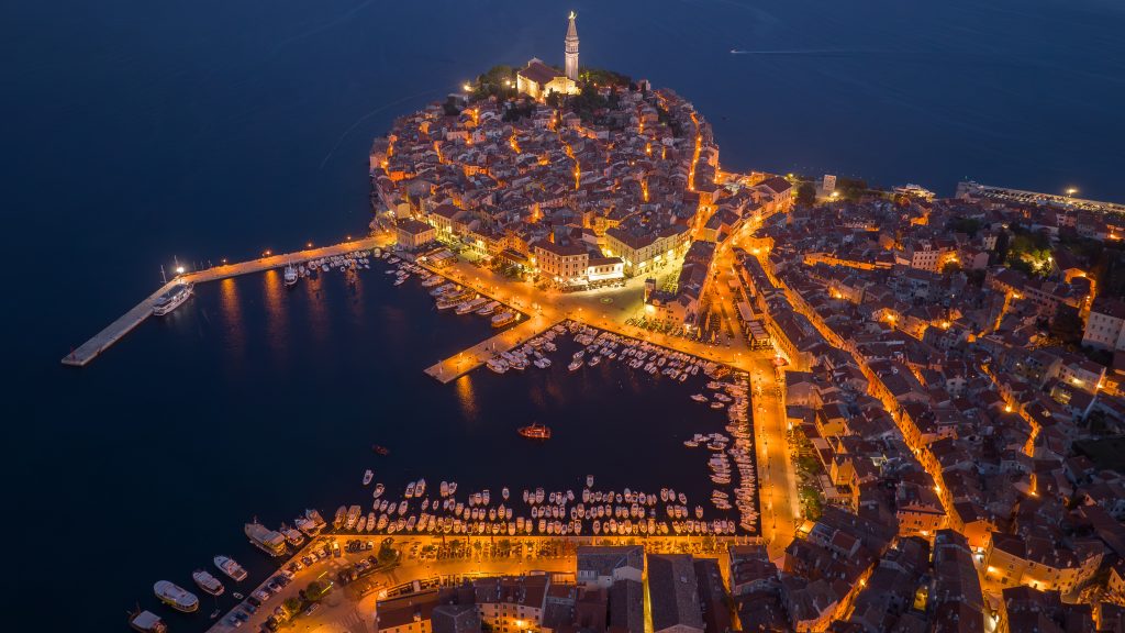 Aerial view of Rovinj Old Town at evening, Istria, Croatia