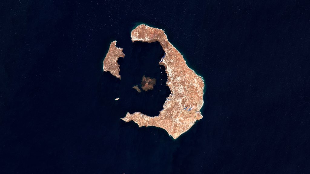 Santorini Island in the Aegean Sea on a satellite image, Greece