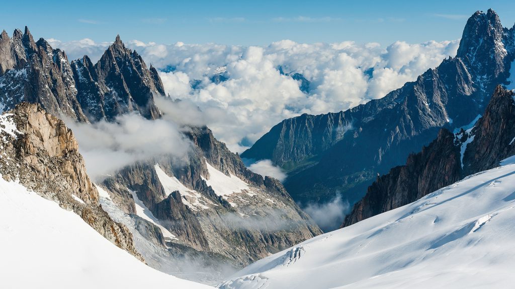 View above Mont Blanc Massif and the Vallee Blanche, Chamonix, France