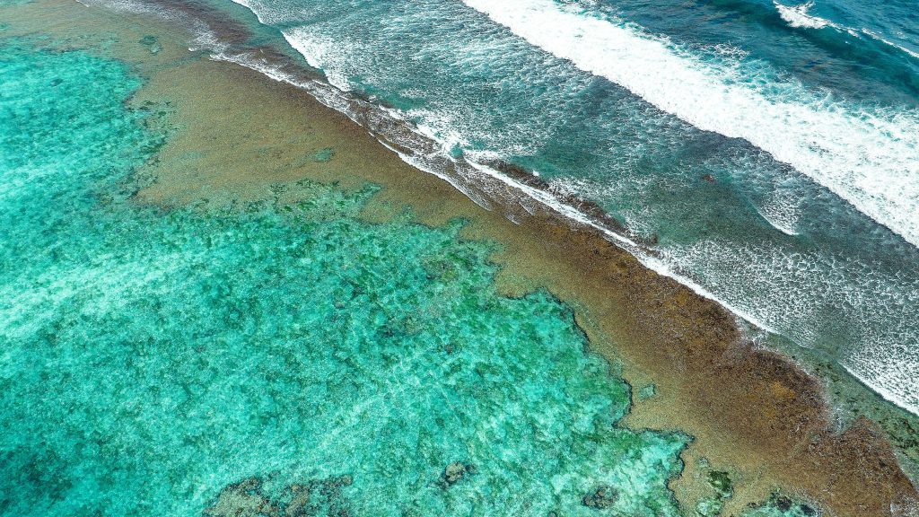 Drone image showing an exposed reef at low tide, Uluwatu, Bali, Indonesia