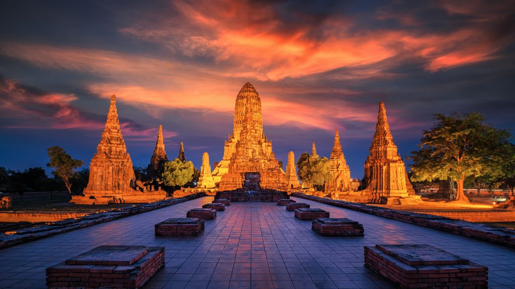 Temple Wat Chaiwatthanaram in Ayutthaya Historical Park at sunset, Thailand