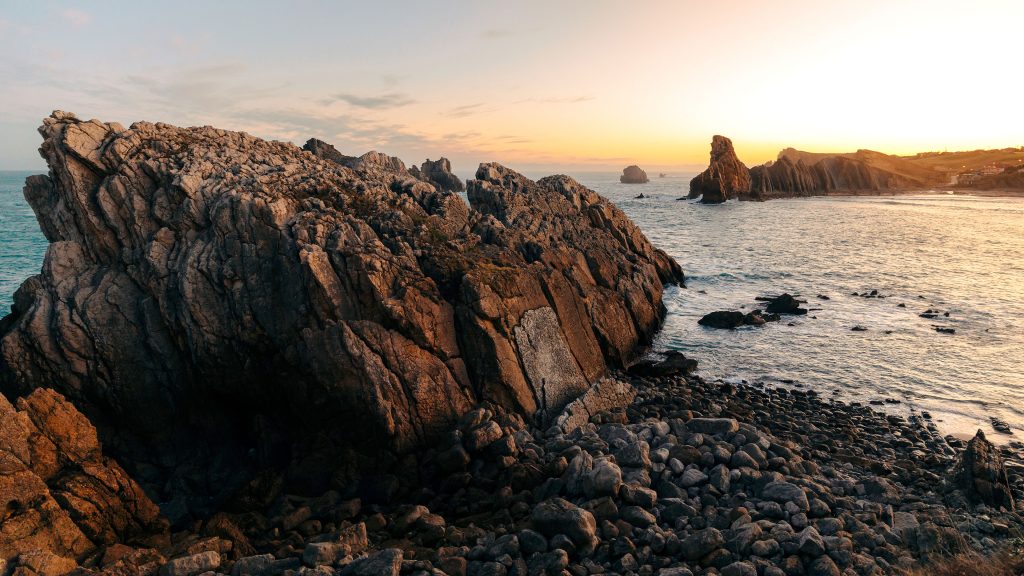 Views of the Somocuevas beach at sunset, Piélagos, Cantabria, Spain