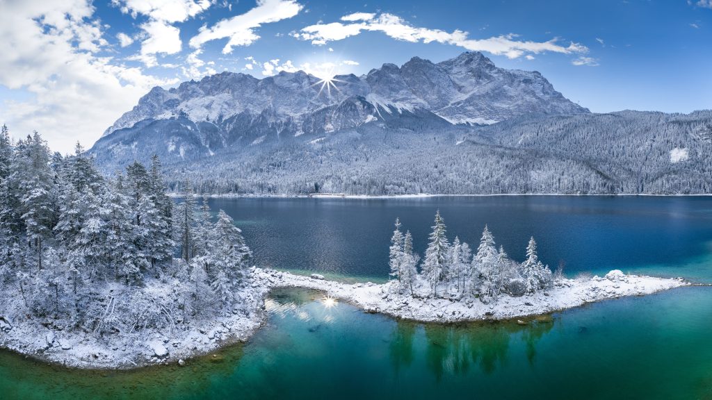 Braxen Bay on Lake Eibsee against Zugspitze Mountain, Upper Bavaria, Germany