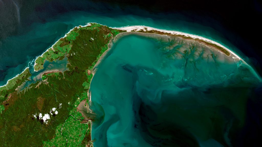 Satellite view of Farewell Spit (Onetahua), South Island of New Zealand