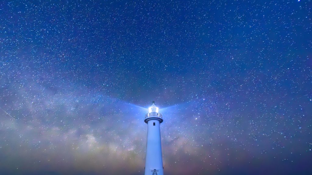 Starry sky and Milky Way with Tsumekizaki Lighthouse, Shizuoka, Japan