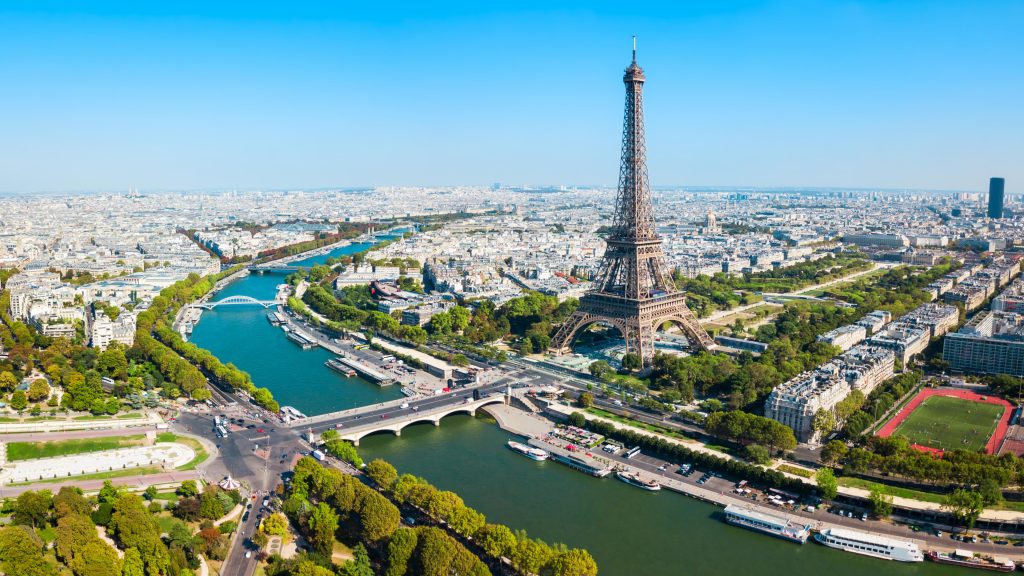 Eiffel Tower wrought iron lattice tower on the Champ de Mars in Paris, France