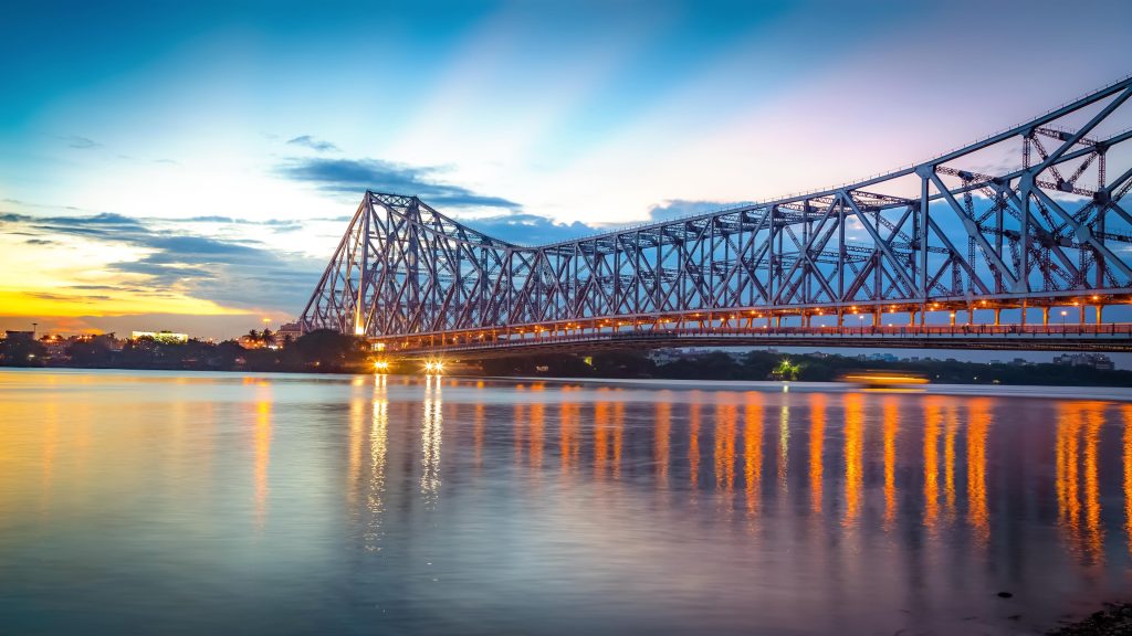 Howrah bridge on river Hooghly in Kolkata at twilight, West Bengal, India