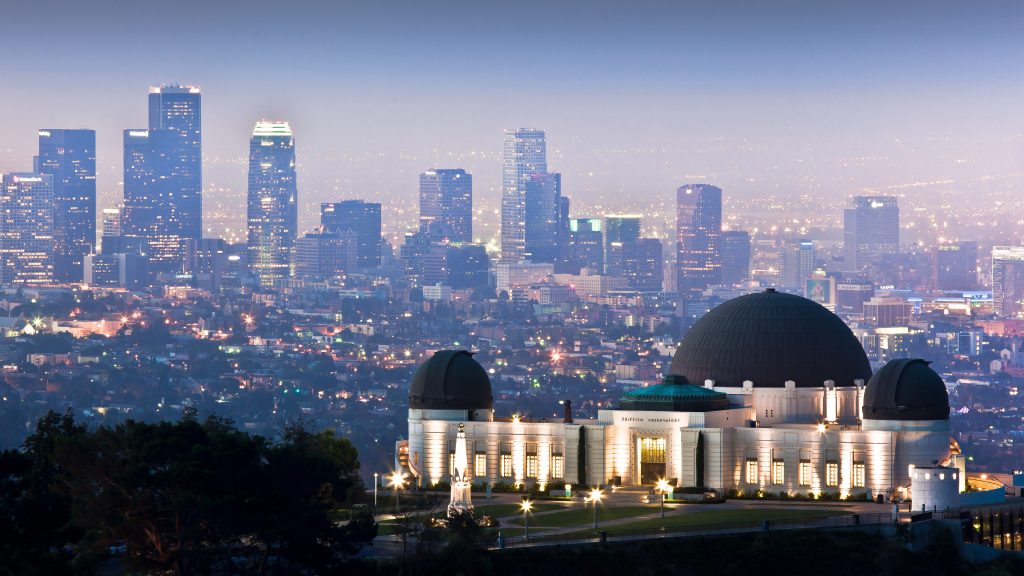 View of Griffith Observatory with downtown Los Angeles skyline, California, USA