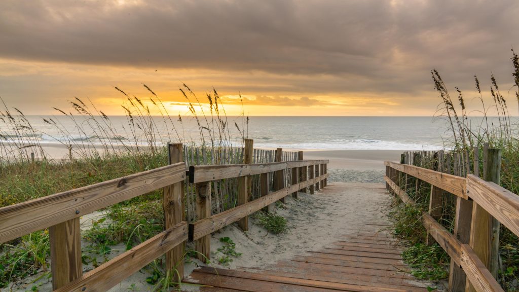 Boardwalk over a sand dune at sunrise, Myrtle Beach, Horry County, South Carolina, USA