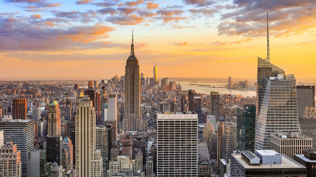 New York City cityscape as seen from the Rockefeller Center at sunset, USA
