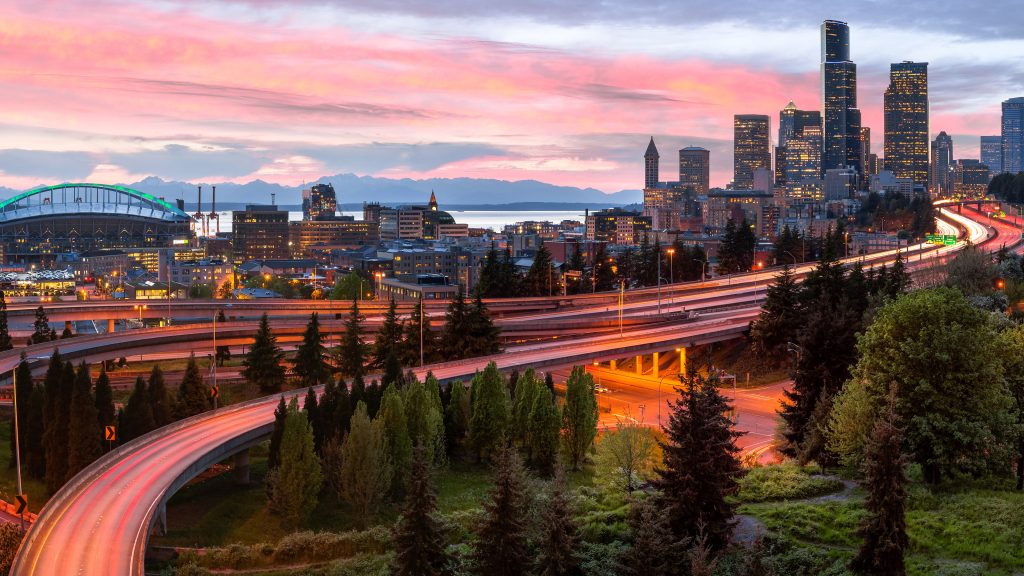 Seattle skyline panorama at sunset, Washington State, USA