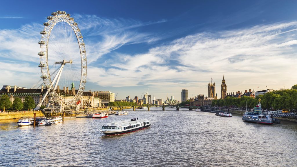 View of Westminster Parliament, Big Ben and London Eye, London, England, UK