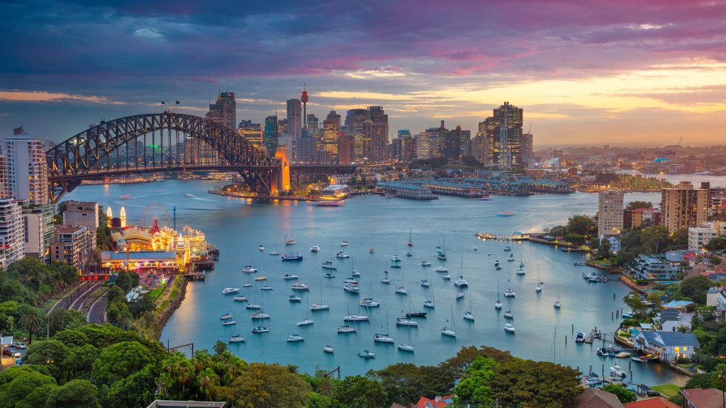 Harbour Bridge and skyline during sunset, cityscape image of Sydney, Australia