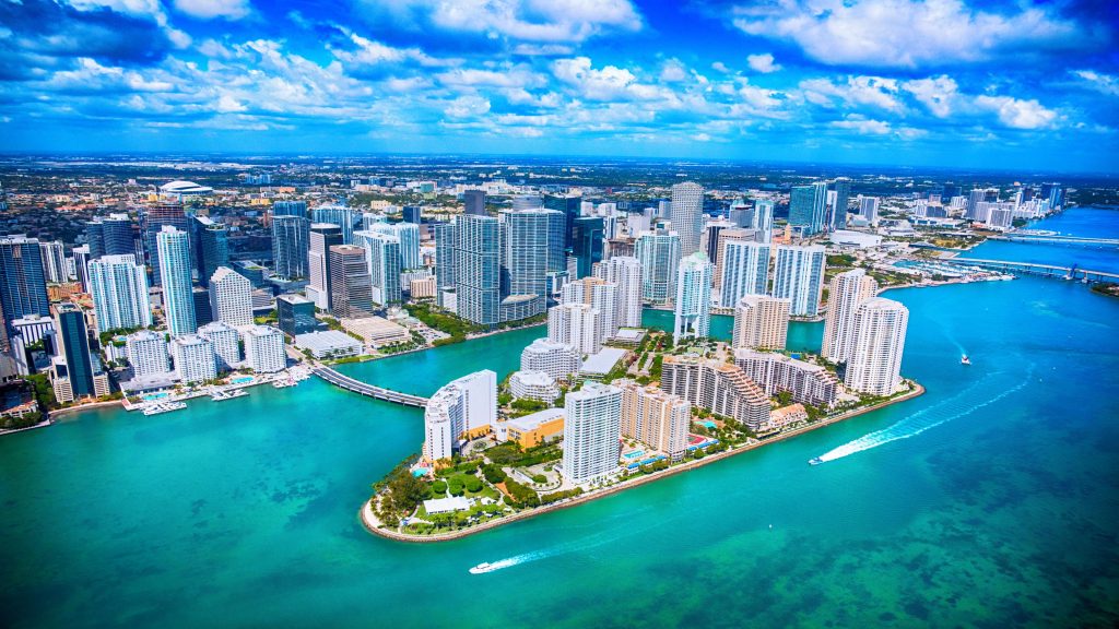 Aerial view of downtown district with Brickell Key island in Miami, Florida, USA
