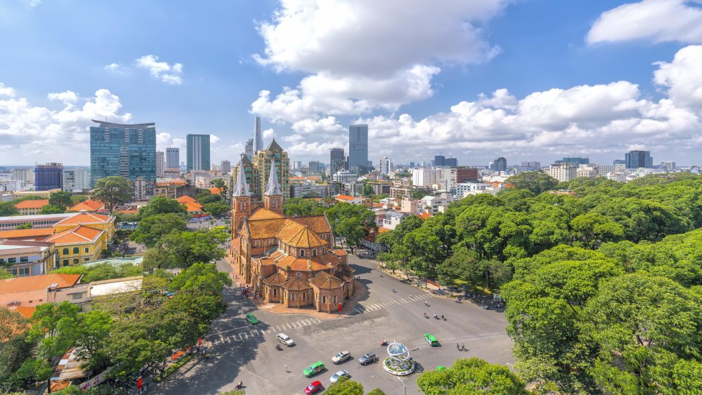 Notre-Dame Cathedral Basilica of Saigon on a sunny day, Ho Chi Minh City, Vietnam
